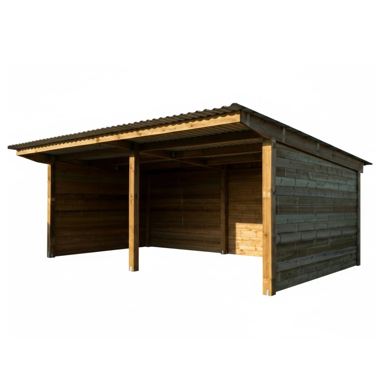 Abri de jardin ouvert en bois traité autoclave 4 à deux baies, type bûcher ou garage léger.