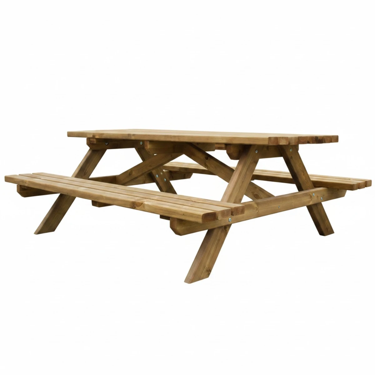 Vue de profil d'une table de pique-nique traditionnelle en bois avec bancs intégrés.